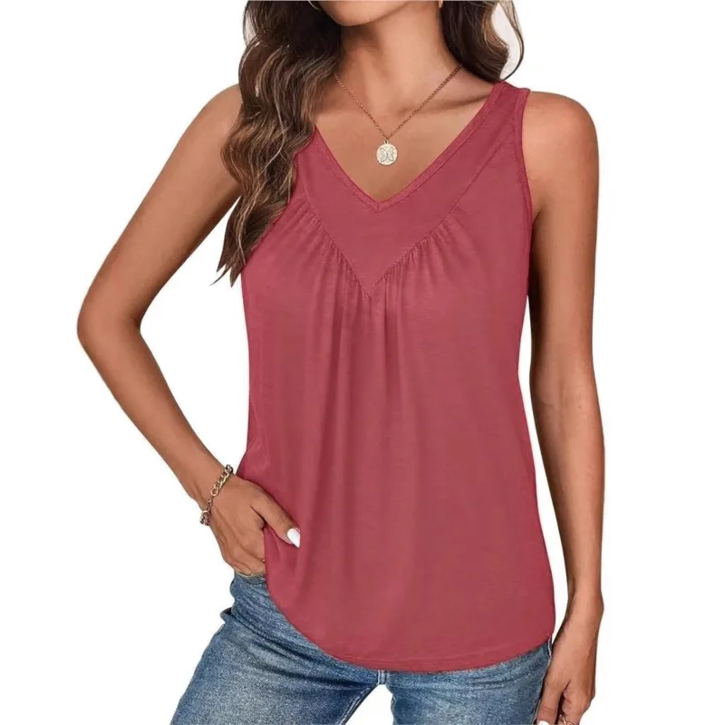 2025 été gilet T-Shirts hauts sans manches licous nouvelle mode plissée col en v couleur unie basique décontracté ample T-shirt pour les femmes