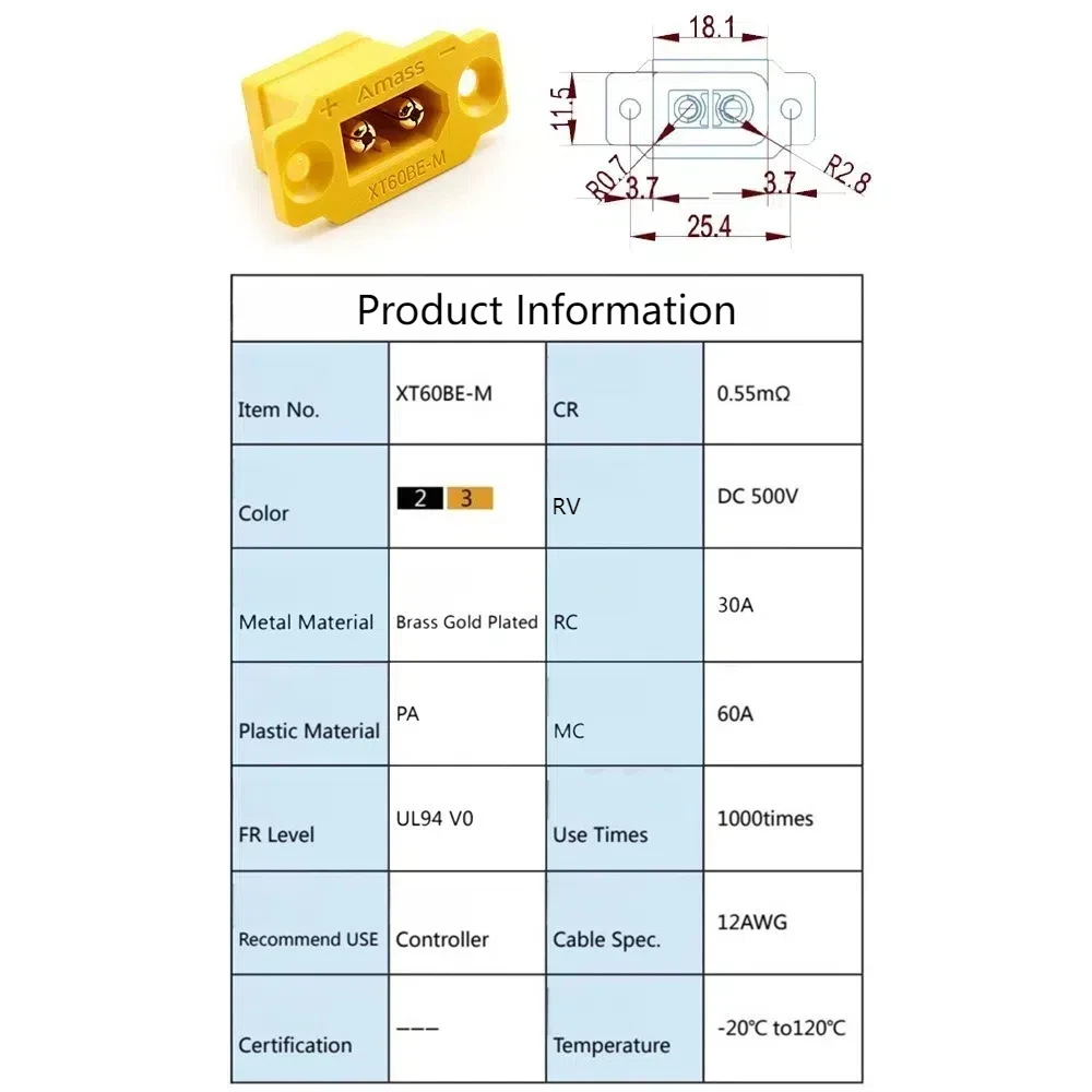 Amass-Conector de XT60BE-M-F, negro, amarillo, este para instalar enchufe macho XT60BE con cubierta, enchufe hembra portátil para Motor RC FPV ESC