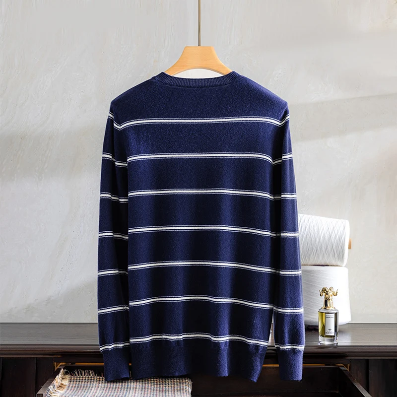 Classic Striped Cashmere Sweater, 100% Cashmere, Top, High-End, Elegant, Gentleman Style, Knitwear, O Neck, Round Neck, New, 202