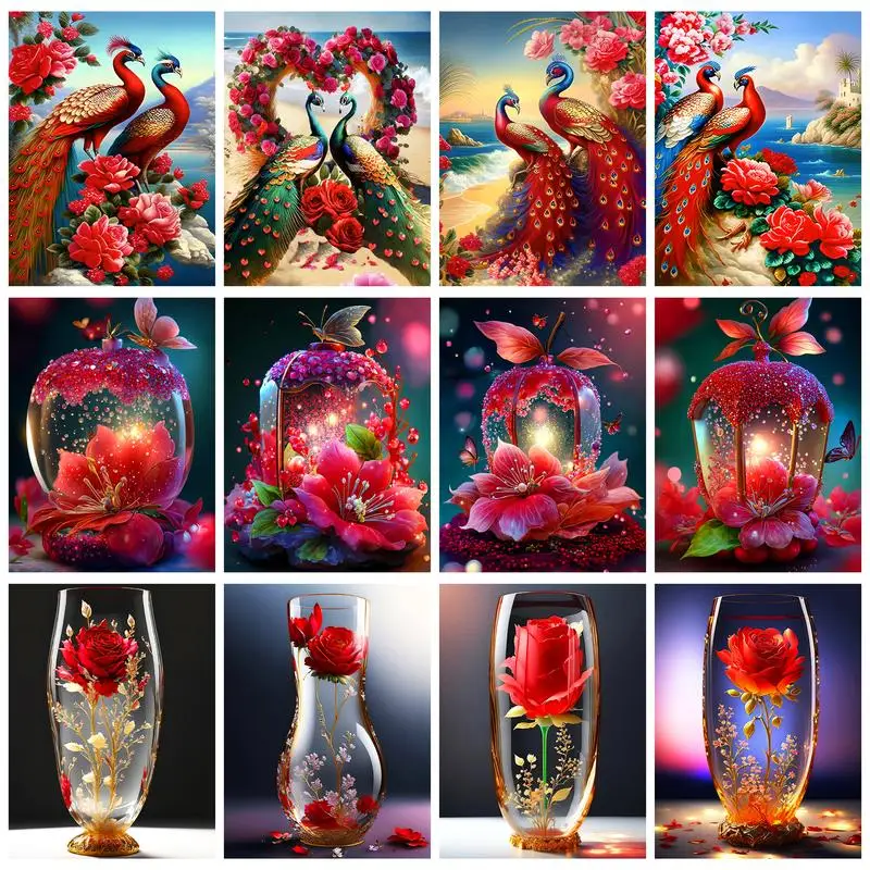 RUOPOTY Painting By Numbers Red Flower Peacock Digital Painting By Numbers Acrylic Kits Acrylic Paint Paintings Decor For Home