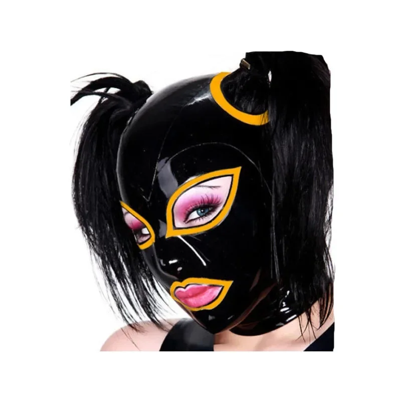 

Sexy Black Latex Rubber Mask Hood Handmade Black with Orange Fetish Women Cosplay Costumes