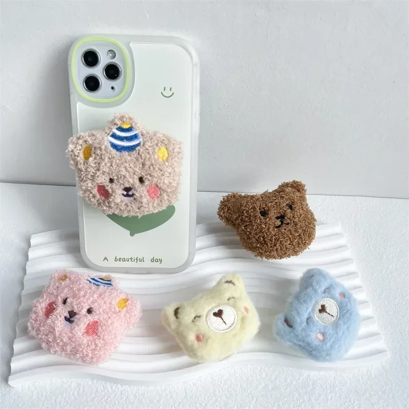 Cute Bear Fur Funny Fluffy Plush Folding Grip Phone Holder for IPhone 15 Samsung Support Tok Socket Pocket Finger Griptok Stand