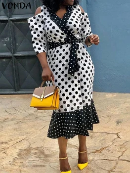 Plus rozmiar VONDA kobiety elegancka sukienka z nadrukiem w kropki 2024 Casual dekolt w serek ponadgabarytowa szata Midi artystyczne przyjęcie świąteczne Fishtail Vestidos