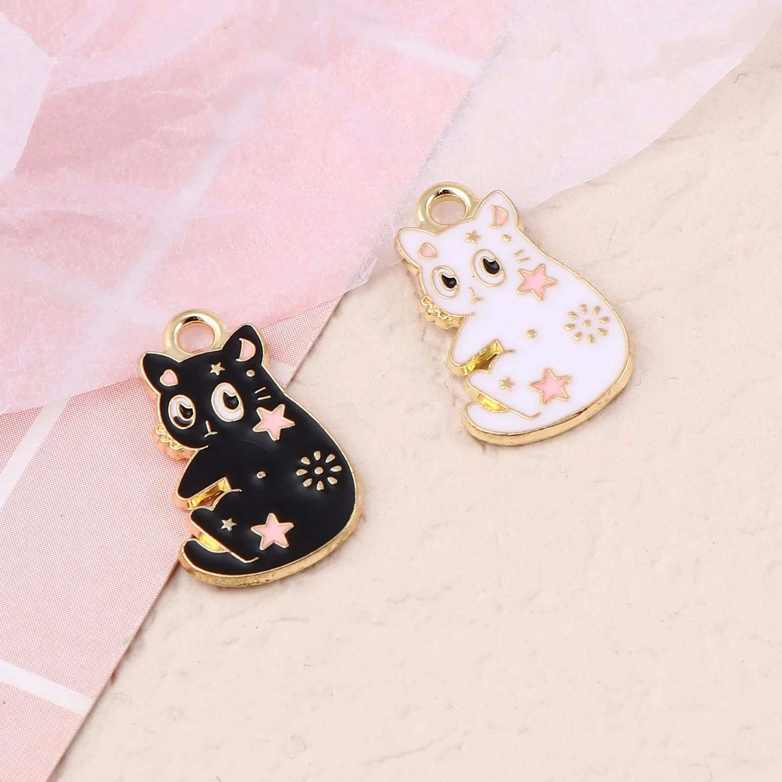 Cute Cartoon Charms Cat Animal Gold Color Metal Enamel Star Moon Pattern Pendants DIY Making Earrings Jewelry 20mm x 12mm,10PCs