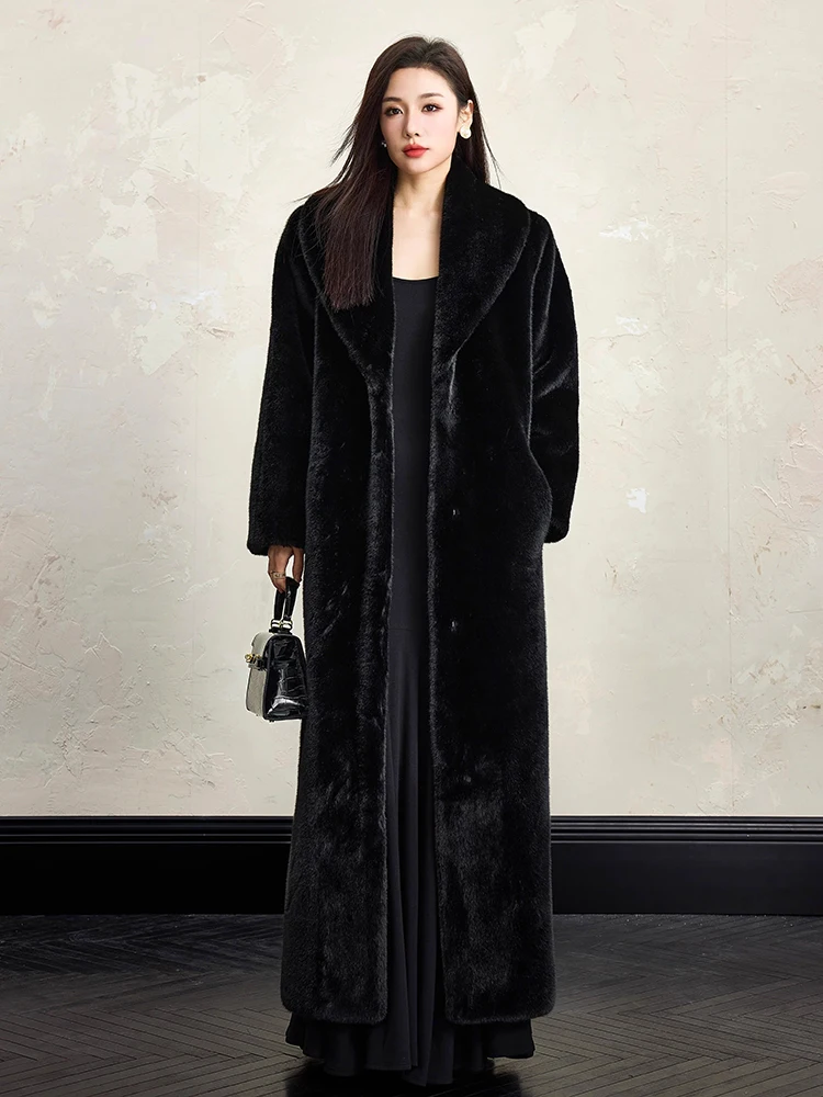 

Lautaro Winter Extra Long Elegant Luxury Chic Thick Warm Soft Black Fluffy Faux Fur Coat Women Shawl Collar Furry Overcoat 2025