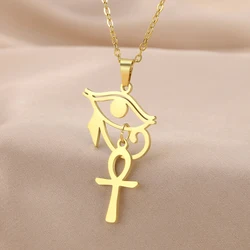 Dawapara Eye of Horus with Ankh Cross Necklace Key of Life Protection Ancient Egypt Jewelry Stainless Steel Necklace