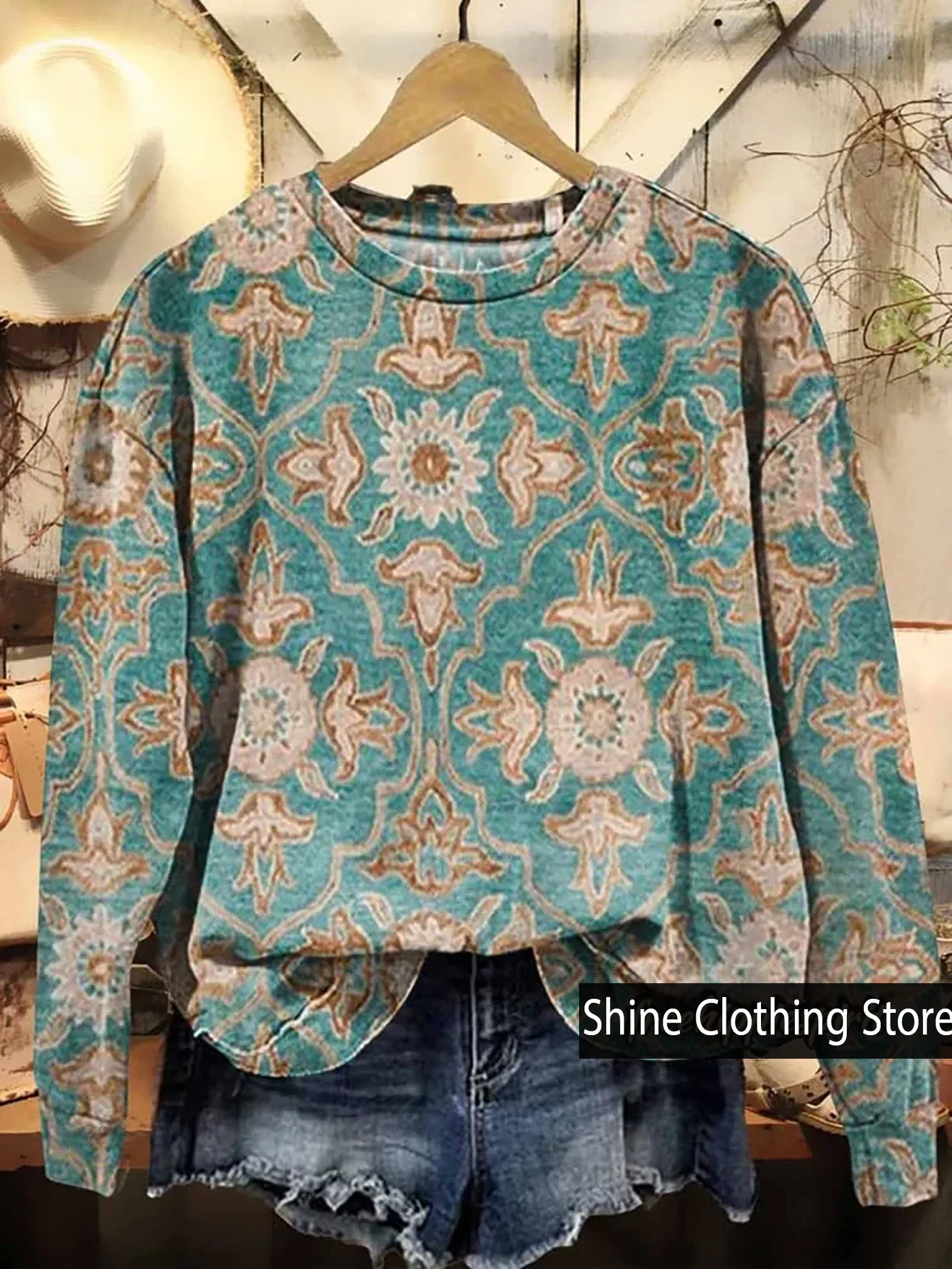 New Arrivals Women's Boho Nation Art Print Casual Sweatshirt O-Neck Comfortable T-Shirt Size S To 5XL