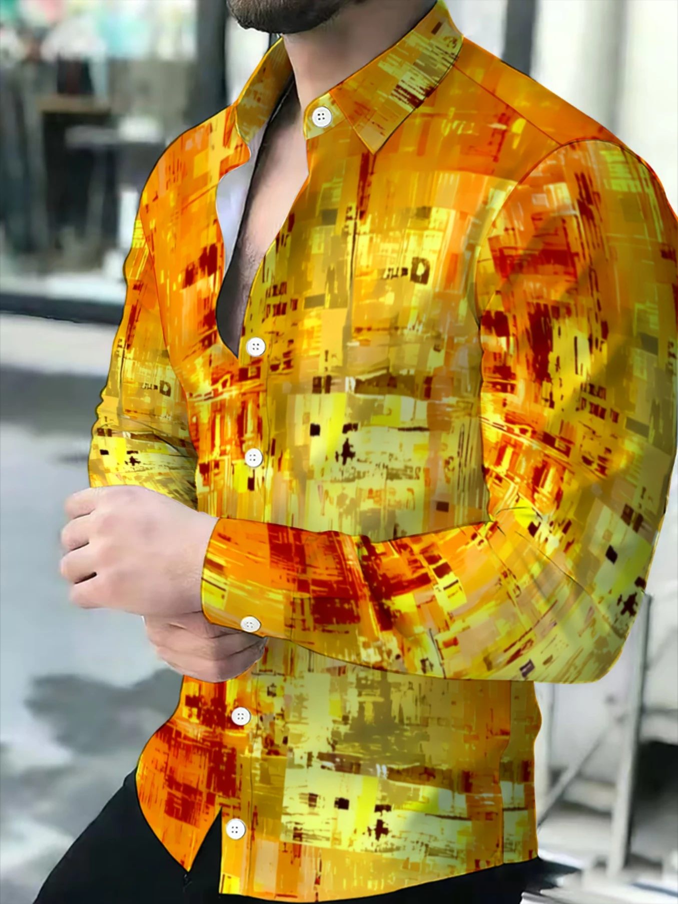 Men Long Sleeve Button Down Shirt Golden‑Yellow Abstract Graffiti Block Texture Print Polyester Lapel Collar Street