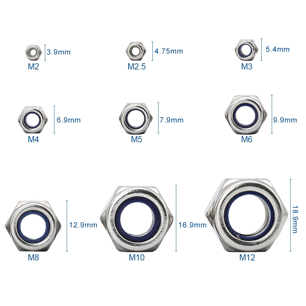 NINDEJIN-Juego de tuercas de bloqueo de nailon, Kit surtido de tuercas de bloqueo autoblocantes hexagonales, M2-M12 de acero al carbono, chapado en Zinc negro, DIN985
