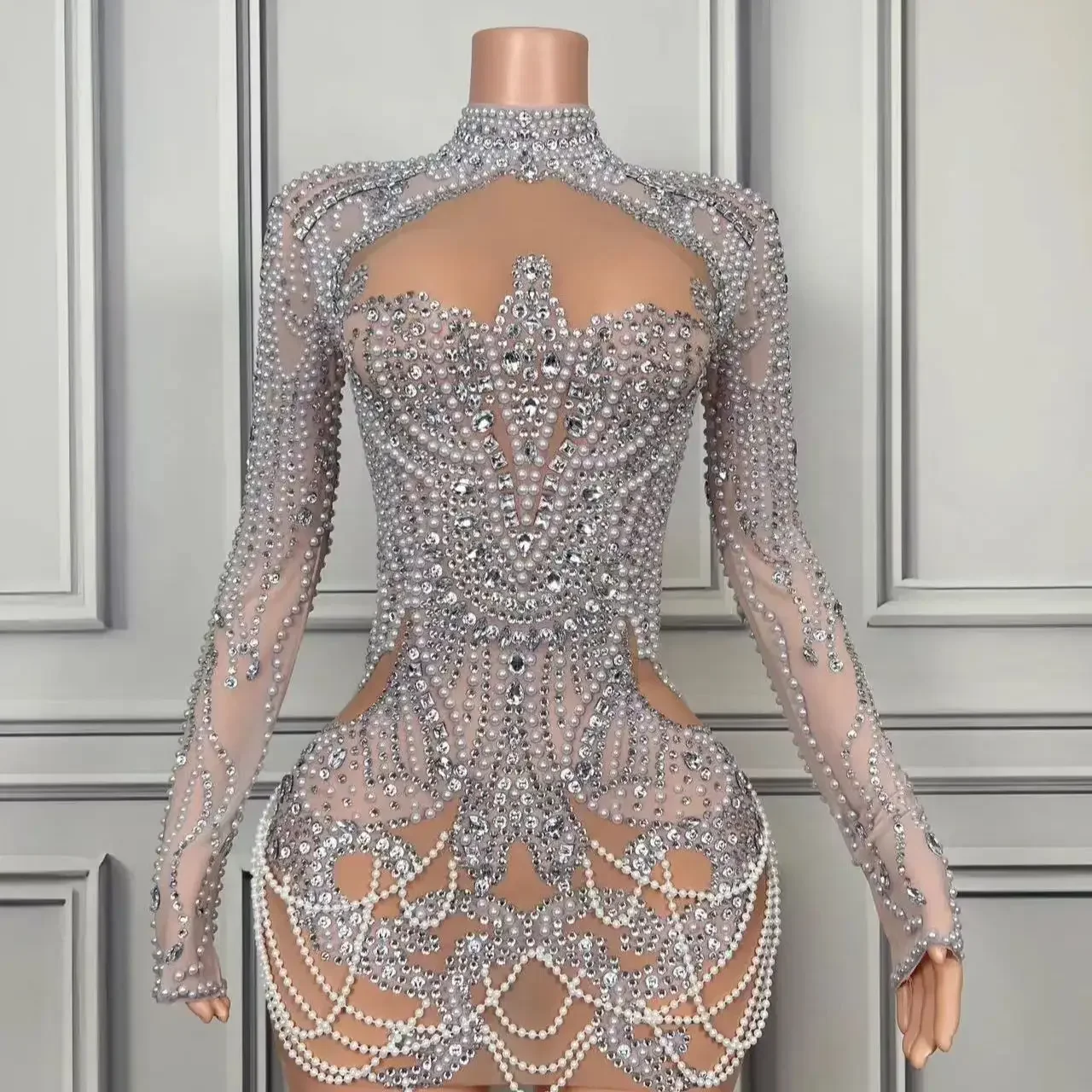 Frauen Abend Prom Feiern Kleid Sexy Mesh Transparent Sänger Show Party Tragen Luxuriöse Volle Strass Perle Kurzes Kleid