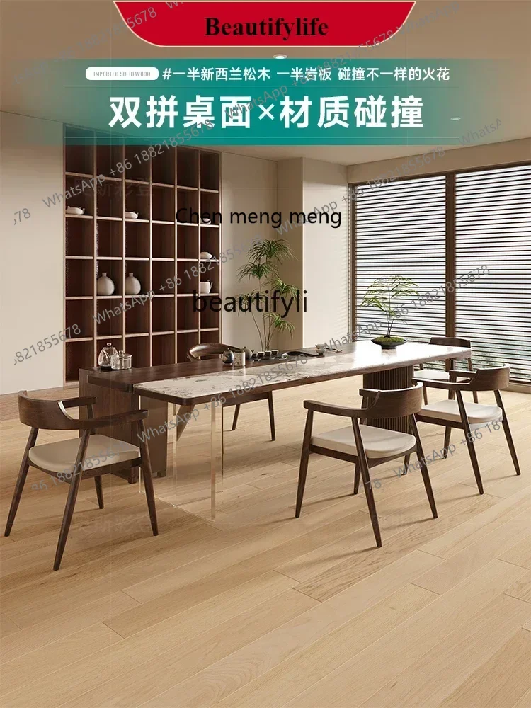G153 Rock slab tea table with tea tray high-end light luxury modern office designer solid wood tea table office integration