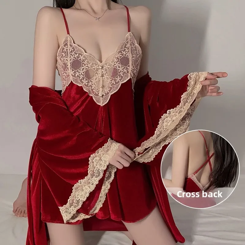 Brand Underwear Sexy Big U Backless Women\'s Home Wear Suspenders Nightgown Robe Velvet Suit Hot Women\'s Night Shirts Pajamas Set