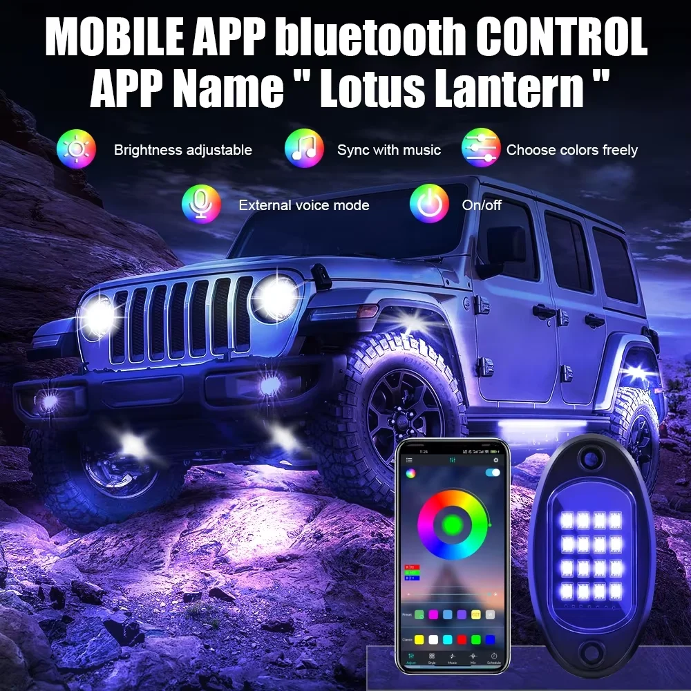 RGB LED Rock Lights Car Chassis Underglow Music Sync Bluetooth APP Control 4/6/8 In 1 For Jeep Offroad Truck Boat