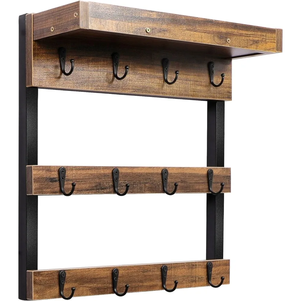 

Настенная полка для кофейных кружек, деревенская деревянная полка для чашек с 12 крючками и полкой для хранения, для домашней кухни и коллекции