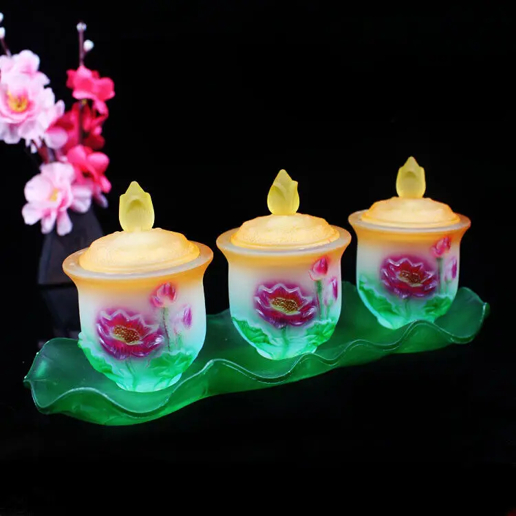 3pcs/set Buddhist Supplies Fortuna Cup Lotus Glass Cup Buddha Water Supply Cup