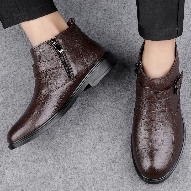 Retro MenHigh Quality Leather Boots Fashion Buckle Chelsea Boots for Man's Business Ankle Boots Warm Elegant Social Oxfords Male