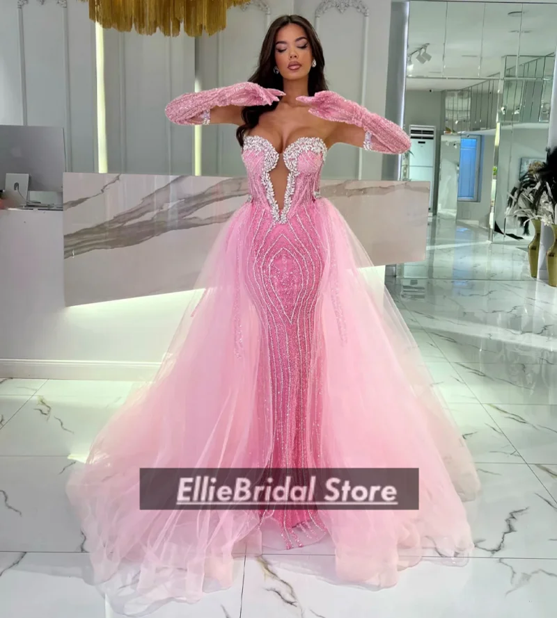 Eleganti abiti da sera azzurri per ragazze africane Abito da cerimonia nuziale con paillettes di cristallo di lusso con strascico staccabile personalizzato