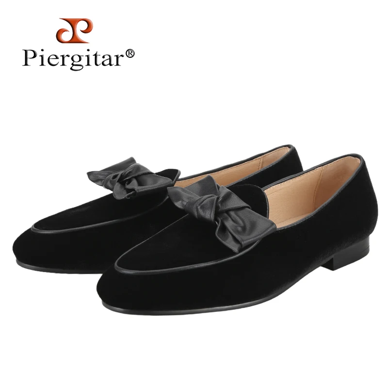Piergitar Superior Quality Black Velvet Men's Moccasins Handmade Removable Leather Bow Loafers Formal Wedding Wear Perfect Match