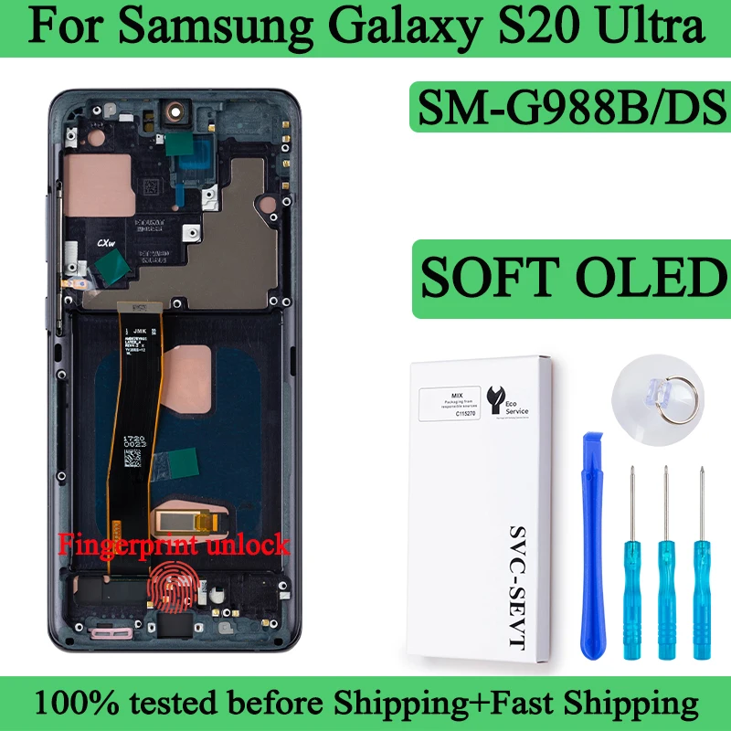 100% Tested Soft OLED For Samsung Galaxy S20 Ultra Lcd Display Touch Screen Digitizer Panel Assembly With Frame For SM-G988B/DS