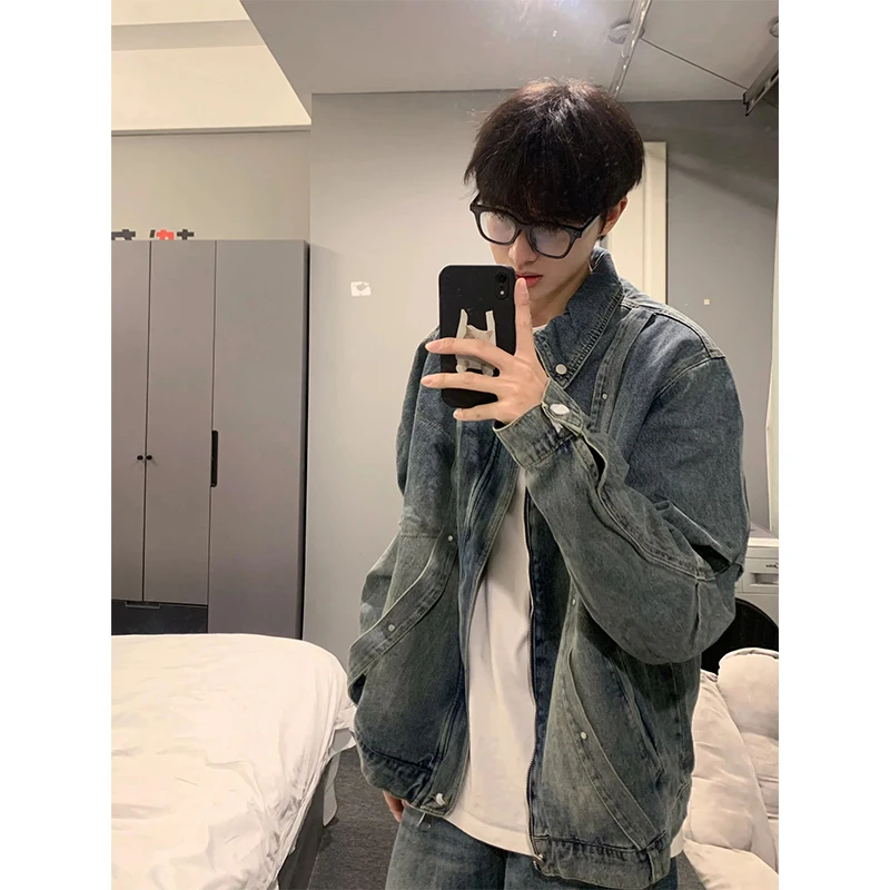 

Синяя мужская джинсовая куртка в стиле деконструктивизма, весенне-осенняя, в американском ретро-стиле, рабочая, свободного кроя, молодежная, стильная