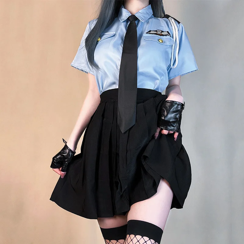 Halloween Women Cosplay Costume Police Officer Uniform Sexy Airhostess Outfit Adult Ladies Fancy Dress Party Role Play Suit