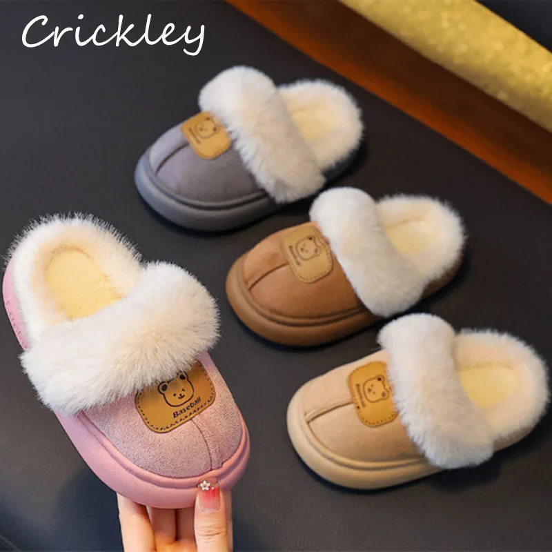

Solid PU Leather Kids Slippers Furry Warm Plush Boys Girls Indoor Shoes Soft Sole Anti Slip Children Slippers
