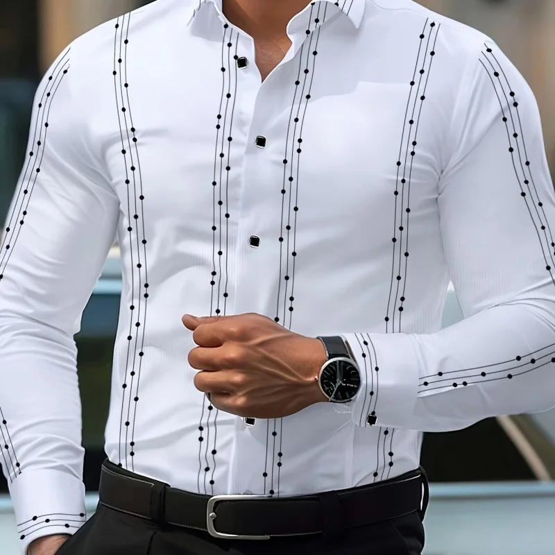 Men's Striped and Polka Dot Print Long-Sleeve Shirt Slim Fit Casual Shirt