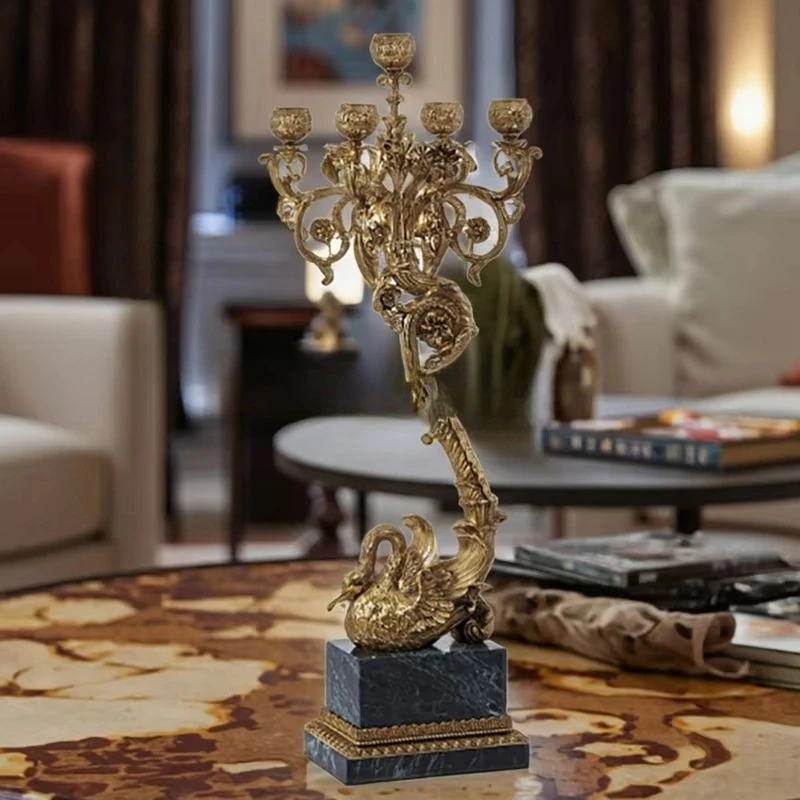 European-style golden swan candlestick multi-headed luxury, brass metal candlestick antique home decoration