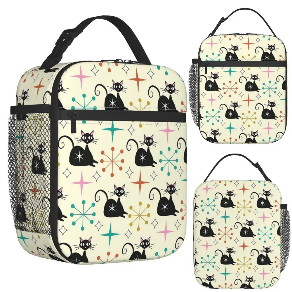 Mid Century Black Atomic Cat With Starbursts Insulated Lunch Bag for Women Kids Leakproof Food Boxes Thermal Lunch Box Tote