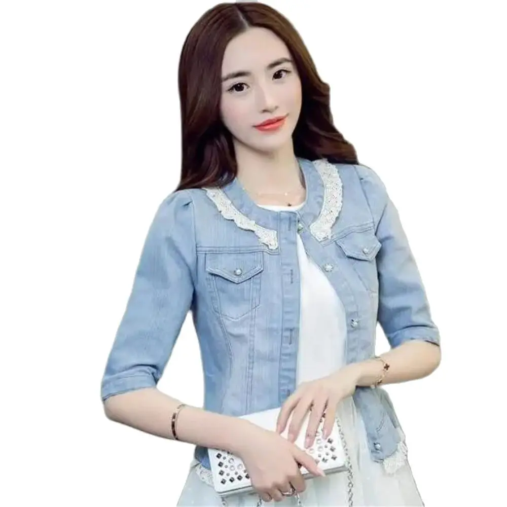 Women's O-Neck Lace Collar Denim Jacket Three Quarter Sleeve Jean Jacket Fall Outerwear Girlfriend Tops Fall