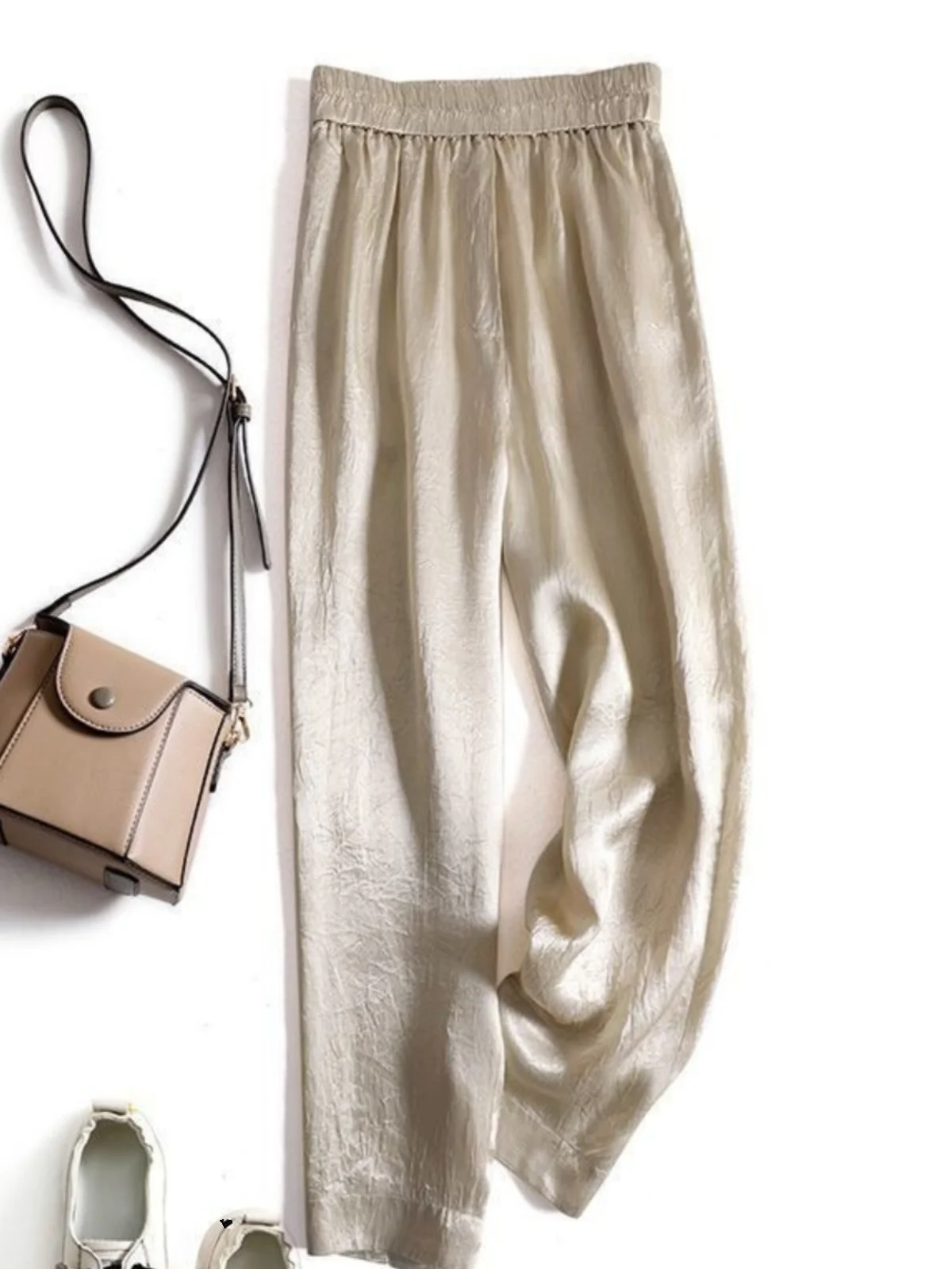 엘리 아세테이트 새틴 하렘 팬츠 여성용 여름 얇은 신축성 허리 슬림 캐주얼 자외선 차단 나인피스 당근 팬츠