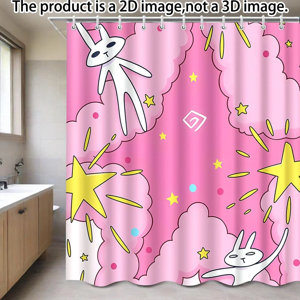 

Whimsical Pink Rabbit Shower Curtain – Clouds, Stars & Confetti, 71×71", Polyester, 12 Hooks, Playful Modern Bathroom Decor