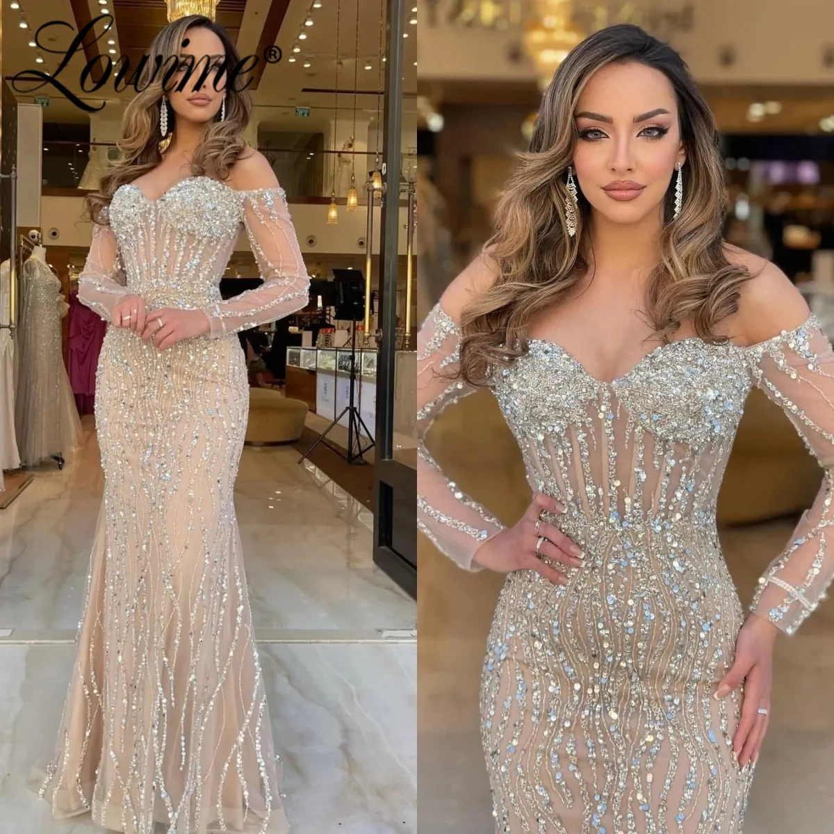 Champagne Long Sleeve Off The Shoulder Evening Dress 2023 Customize Shiny Sequins Crystal Mermaid Party Dress With Corset Waist