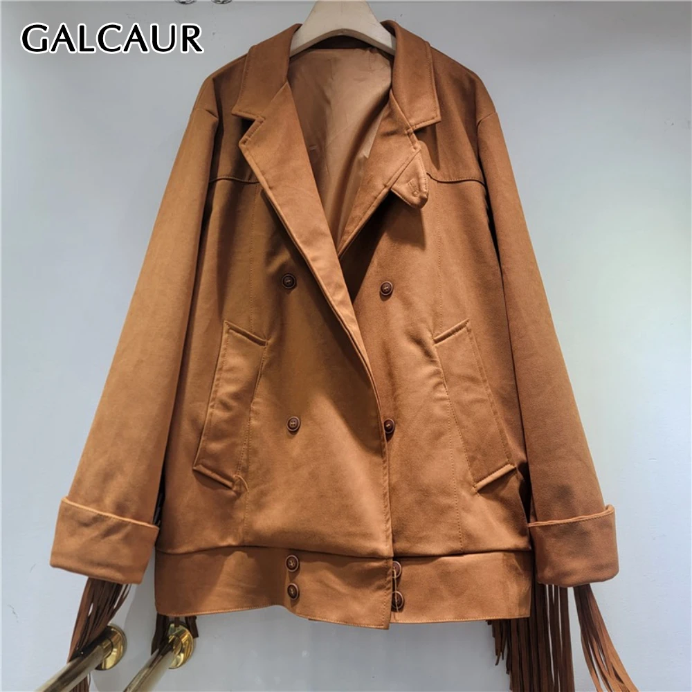 

GALCAUR однотонная куртка с кисточками, женская куртка с лацканами и длинными рукавами, свободный дизайн, уличная одежда, женские куртки, осенний стиль, модная новинка