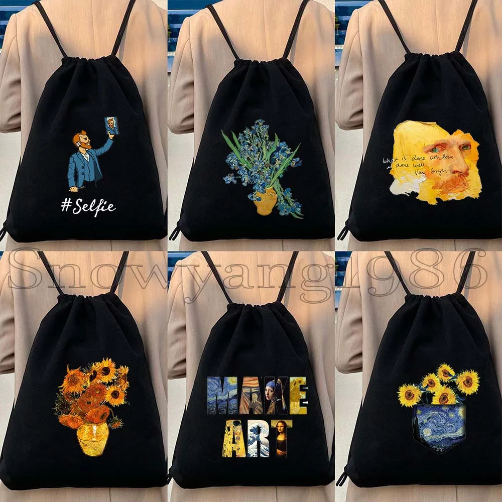 Van Gogh Painting Aesthetics Sunflower Vincent Van Gogh's Starry Night Iris Grunge Canvas Drawstring Bag Backpack Gym Sackpack