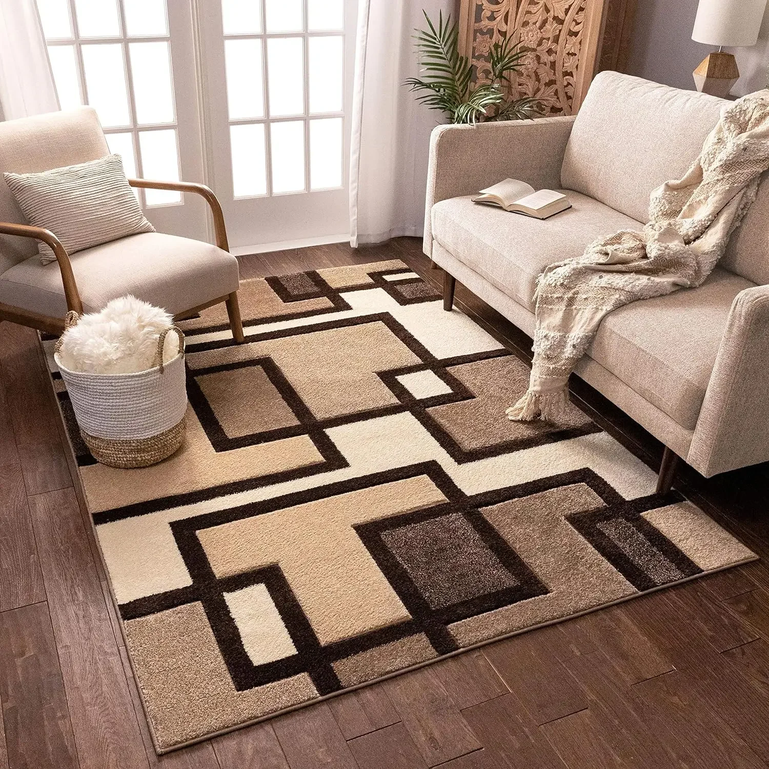 

Ruby Geometric 5x7 Area Rug Ivory & Beige Neutral Modern Contemporary Hand Carved Squares Design Perfect for Living Room