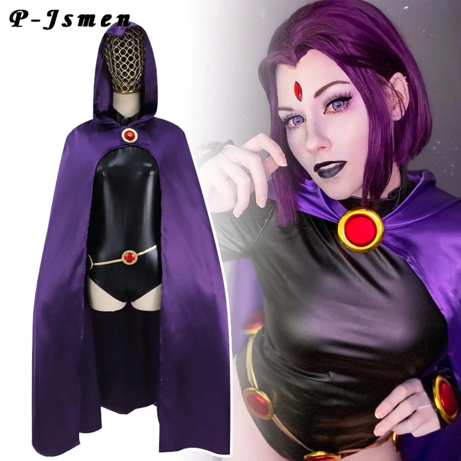 P-jsmen TeenTitans-Raven Cosplay Costume Deluxe Jumpsuit Belt With Purple Cloak Halloween Uniform Cosplay Costume For Women