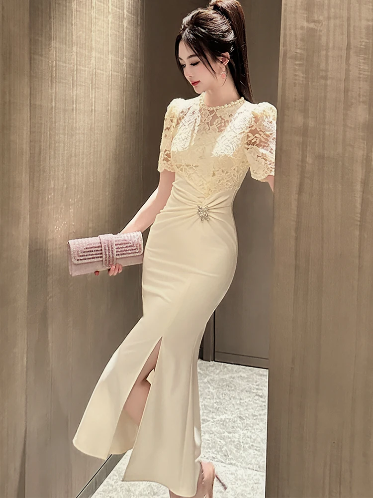 エレガントな社交家誕生日パーティードレス女性フレンチスタイルパールシアーレースひだスリットフィッシュテールローブファムイブニングウエディングドレスvestidos