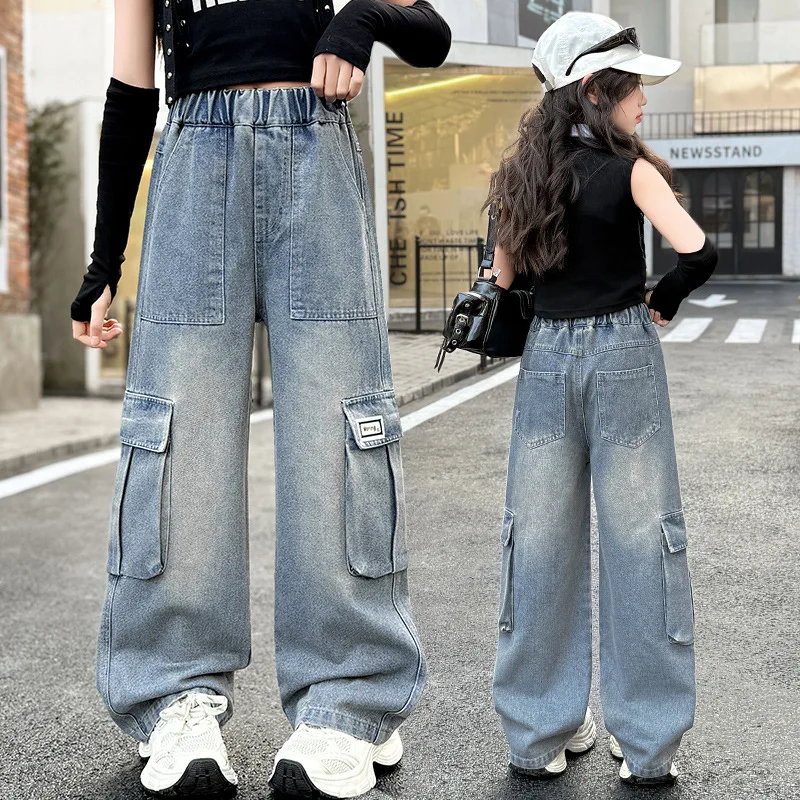 

Girls Spring Autumn Cargo Jeans with Pocket Loose Casual Elastic Waist Teenage Children Wide Leg Pants Streetwear Kids Trousers