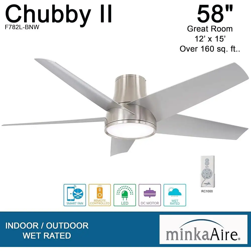 Outdoor Ceiling Fan with Remote Control LED Lights 58inch Chubby II Flushmount Smart Ceiling Fan Quiet Reversible Motor Suitable