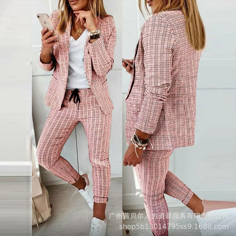 Woman Temperament Commuting Pants Sets Fashion Autumn New Light Grey Plaid Slim Lapel Long Sleeve Blazer & Drawstring Pants Set