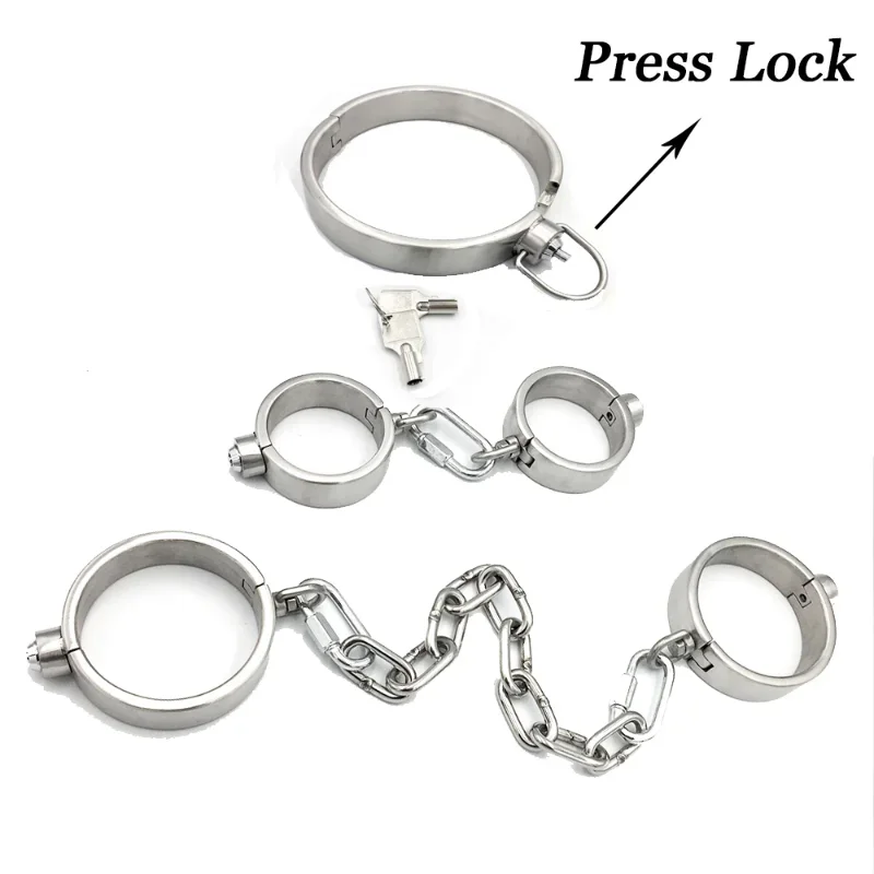 Stainless Steel Handcuffs Heavy Duty Leg Irons Adult Slave Collar Feet Ankle Cuffs Restraints Adult Toys for Men BDSM Game