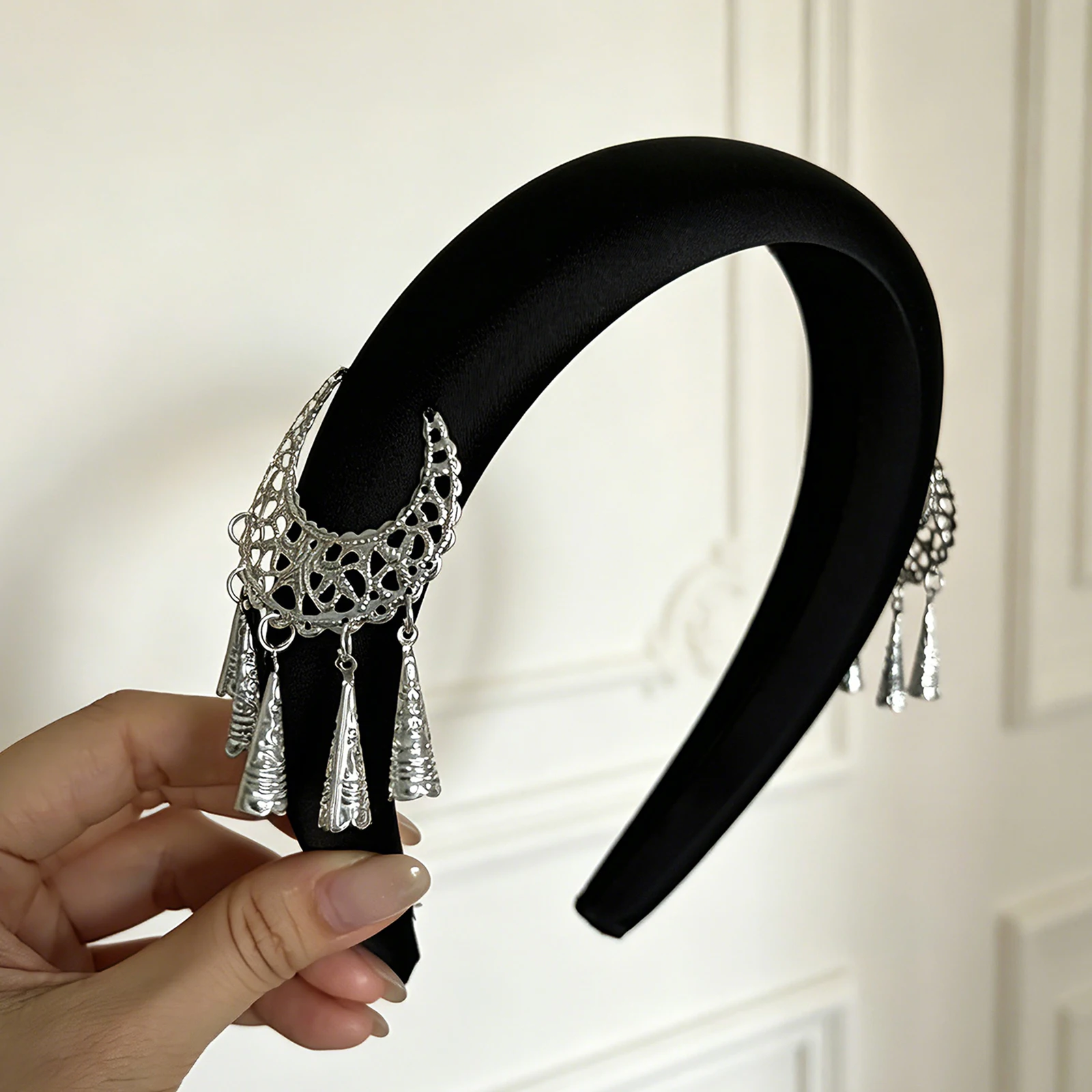 New Vintage Crescent Tassel Headband, Ladies' Solid Wide Velvet Headband, Padded Volumizing Hair Accessory, Holiday Gift SA226