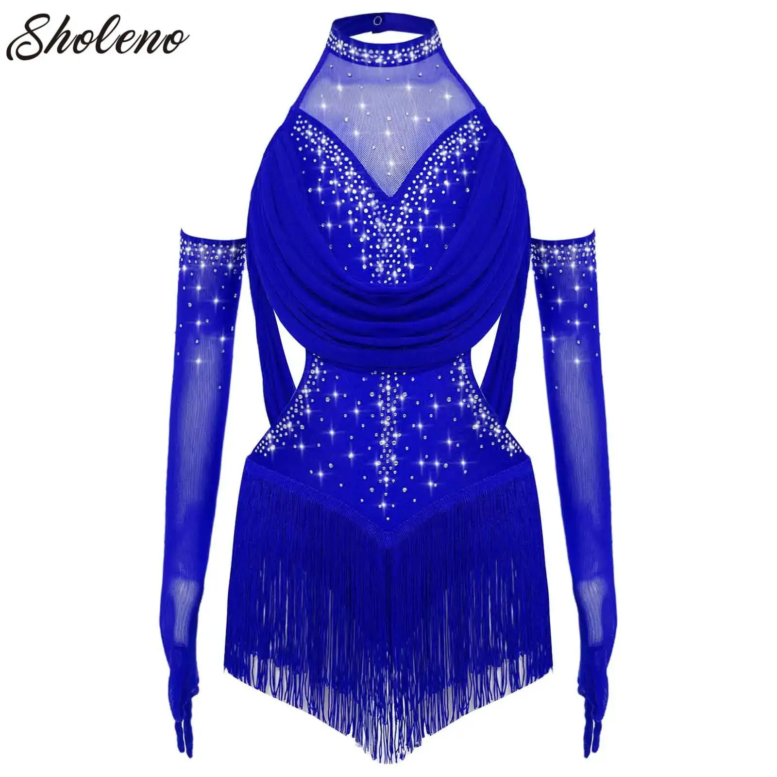 Girls Latin Dance Costume Tassel Leotard Dress Figure Skating Cha-cha Samba Tango Costume Ruched Mesh Bodysuit with Gloves Set