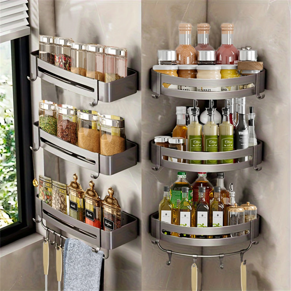 

Aluminum Wall Mounted Seasoning Rack Multifunctional Item Storage And Storage Rack Kitchen Utensils Seasoning Bottle Storage Rac