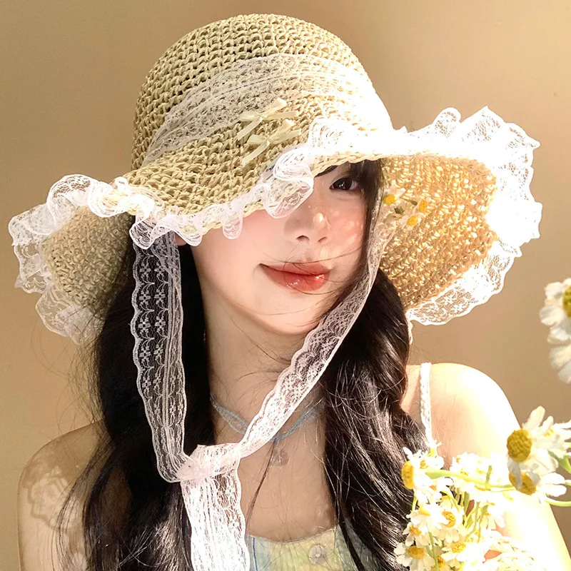 

2025 New French Bow Lace Streamer Design Straw Hat Women's Summer Seaside Beach Vacation Sunshade Big Eaves Foldable Sun Cap