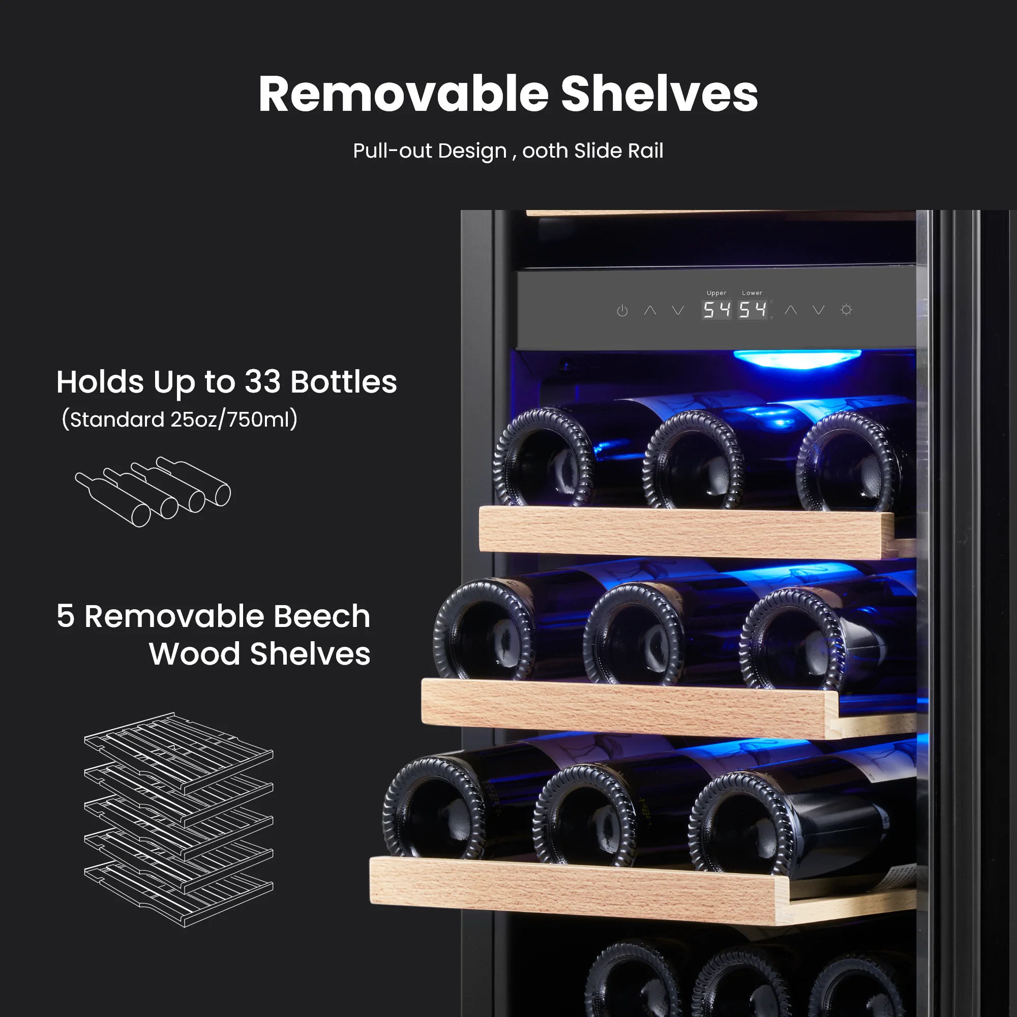 Yeego 85L Wine Cooler Refrigerator – 28 Bottles Adjustable 5-18°C Fan Cooling Auto Defrost Blue LED Stainless Steel Glass Door