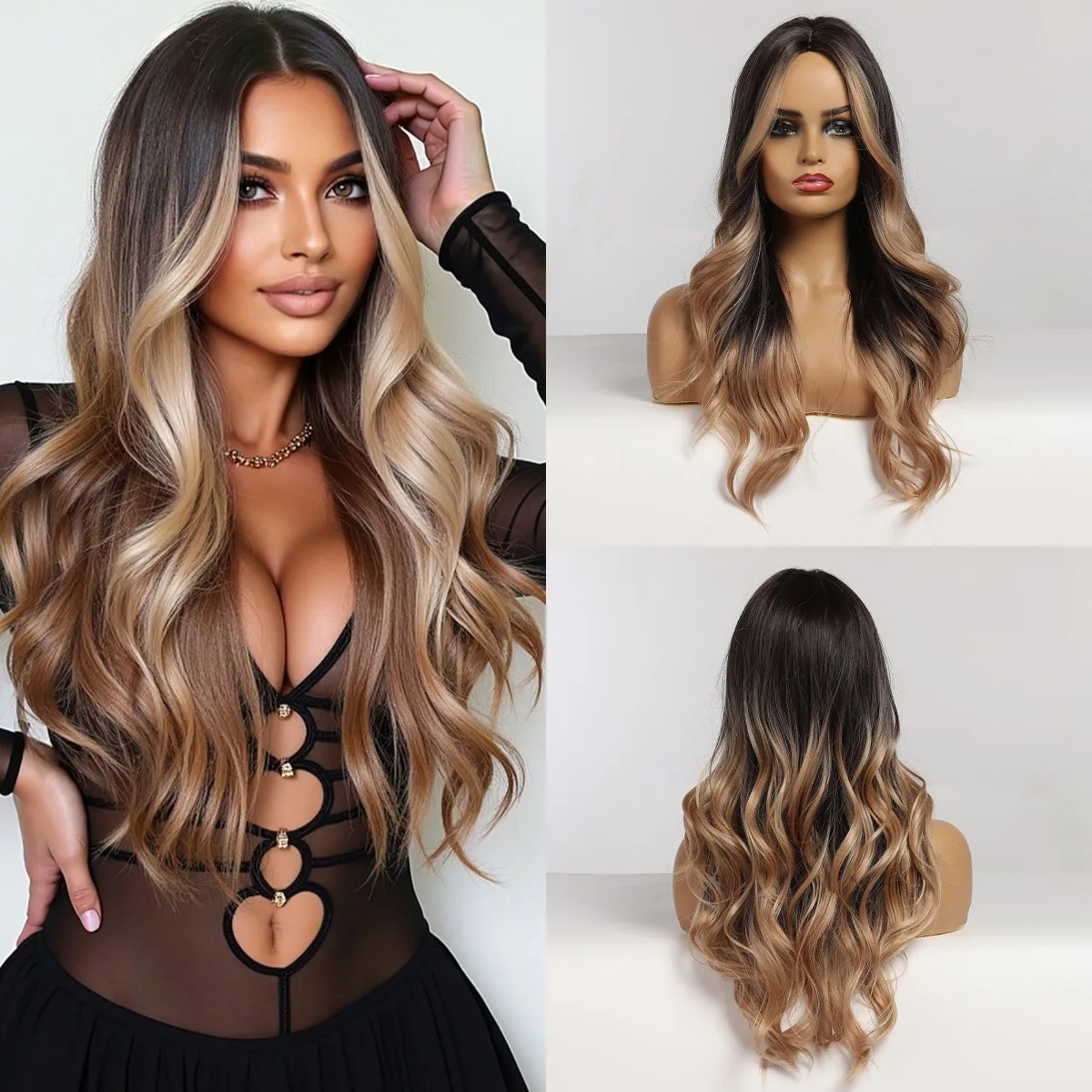 

Natural Daily European and American Wig Medium Brown Highlights Black Long Curly Hair Headgear