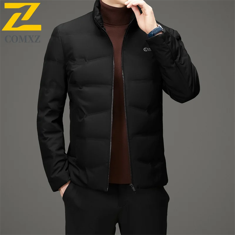 COMXZ Mens Short Down Jacket New Fashion Stand Collar Business Casual Warm Puffer Coat Luxury Ultra Light Windproof Winter Coat