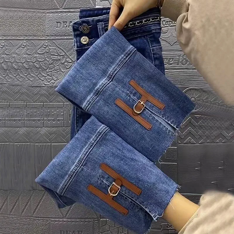 Cintura alta perna reta denim jeans feminino primavera 2023 nova emenda solta ba split cigarro calças letras azuis